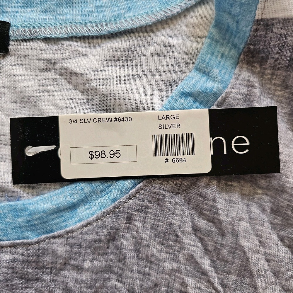 NWT David Cline L Crew Neck 3/4 Sleeve Blue Print Crushed Shirt Casual Coastal - Picture 5 of 9